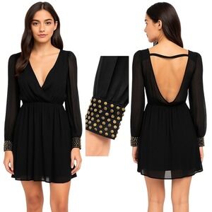 Xtaren Womens Black Mini A Line Dress Long Sleeve Beaded Cuffs V Neck Size Small